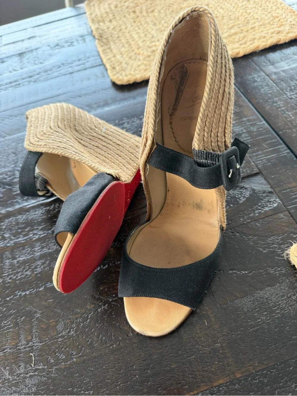 Christian Louboutin Black Canvas and Natural Espadrille Wedge Sandals